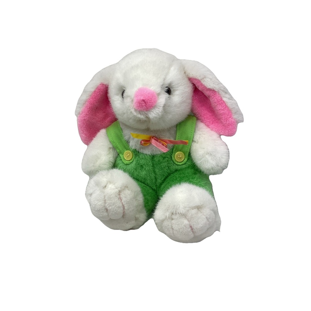 11" VINTAGE DANDEE WHITE BUNNY RABBIT GREEN OVERALLS STUFFED ANIMAL PLUSH TOY